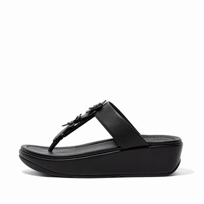 Fitflop Women's FINO Floral Leather Toe-Post Sandals - Black, TW8794516